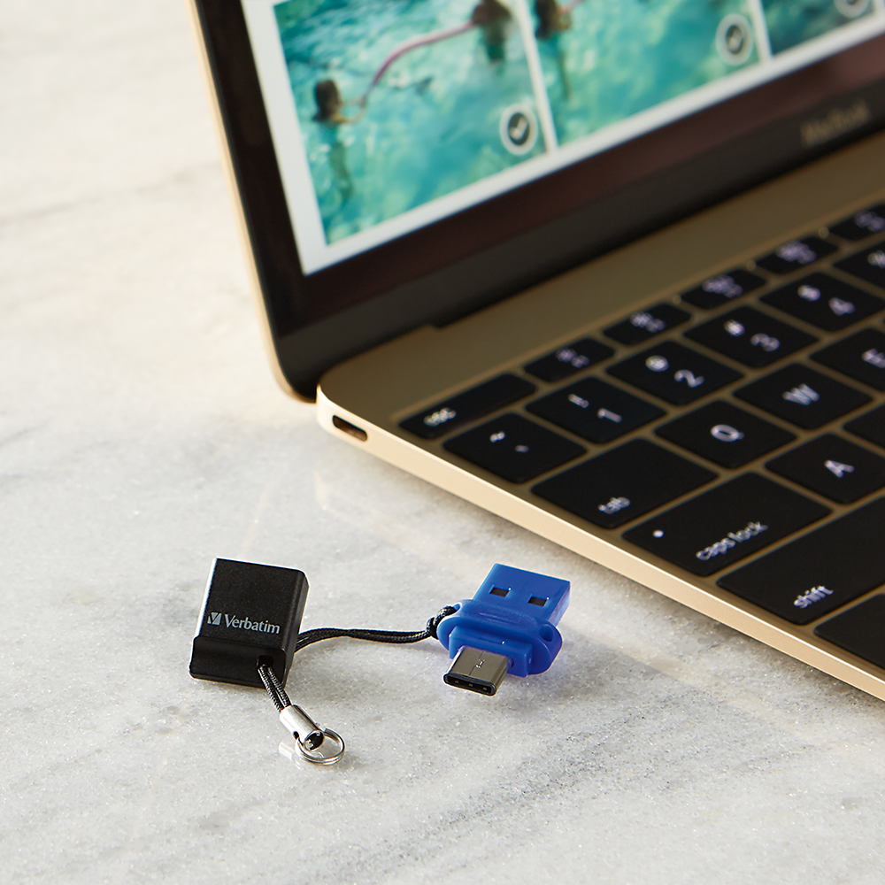 DUAL  USB 3.2 G  128GB  USB-C – Azul, USB 3.2 Gen. 1 – transfiere archivos al instante, cuerda de seguridad mantiene la tapa atada a la unidad,Guardar archivos directamente en USB – no se requiere conexión Wi-Fi,La protección antimicrobiana Microban®, Accede a contenidos almacenados directamente desde la unidad.