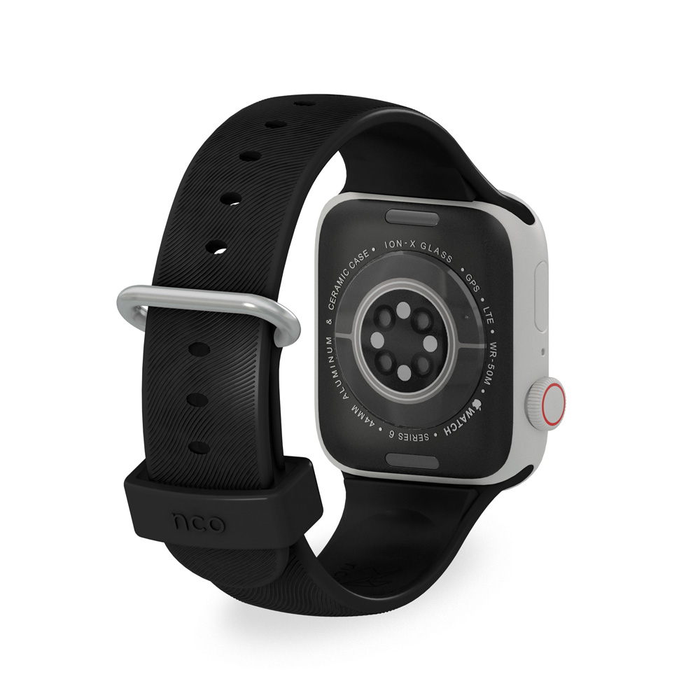 Correa para Apple Watch 38 / 40 mm color negro, material compuesto por fluorocarbono con terminaciones metálicas.