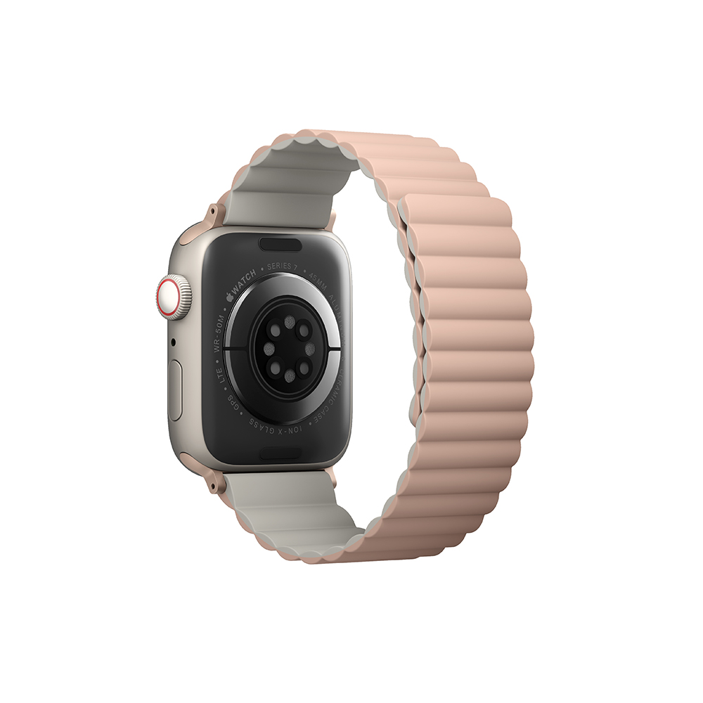 Correa Magnética Reversible Bicolor para Apple Watch (41-40-38mm), Revix por UNIQ. Color: Rosa y Beige. 3 diferentes combinaciones por set. Cómodo ajuste magnético. Material sumergible y suave al tacto. Compatible con Apple Watch Serie 1 a 7 y SE. Elegante, ligera y comoda. No incluye Apple Watch.