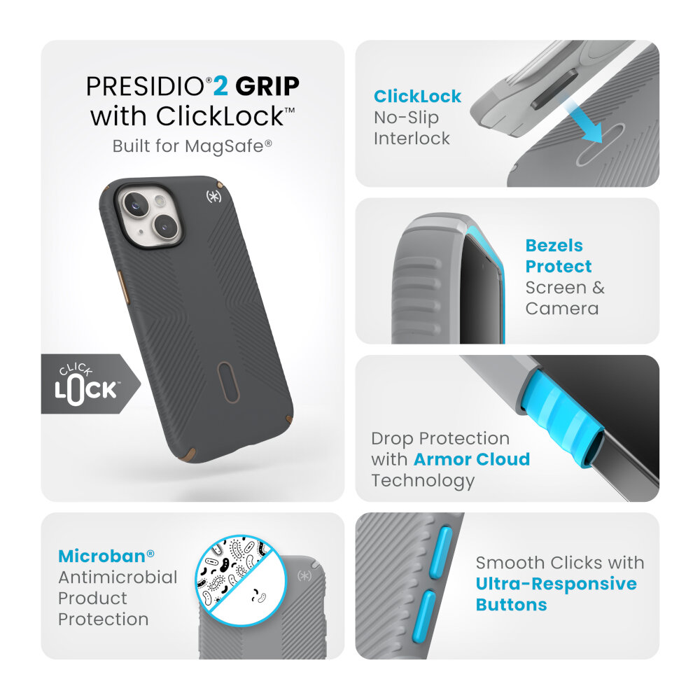 Funda Speck Presidio2 Grip iPhone 15 Magsafe Clicklock Gris Bronce MacStore  Online