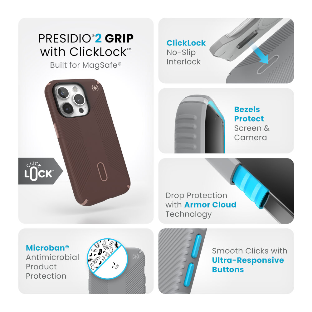 Speck Presidio2 Grip

Presidio® 2 Grip es un dispositivo súper protector y fácil de llevar en el bolsillo.
estuche con acabado suave al tacto para mayor comodidad
Innovadores puños invertidos antideslizantes. Disponible con  el revolucionario Speck ClickLock™ y accesorios*
que hacen que el uso del iPhone y MagSafe sea aún mejor.
*Los accesorios ClickLock se venden por separado

Tecología ClickLock anti deslizamientos y agarre seguro
MagSafe compatible
Hasta 4 mts de protección
Suave al tacto