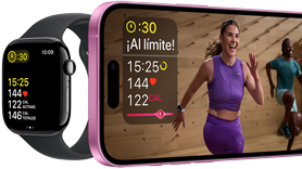 Datos de entrenamiento en un Apple Watch Series 10 y un iPhone.